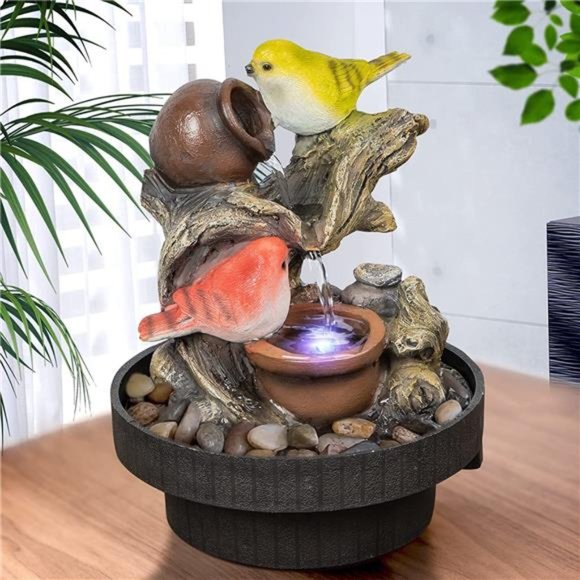 Tabletop Fountain Birds Waterfall Desktop Electric Water Fountain Decor w/LED - Picture 1 of 5